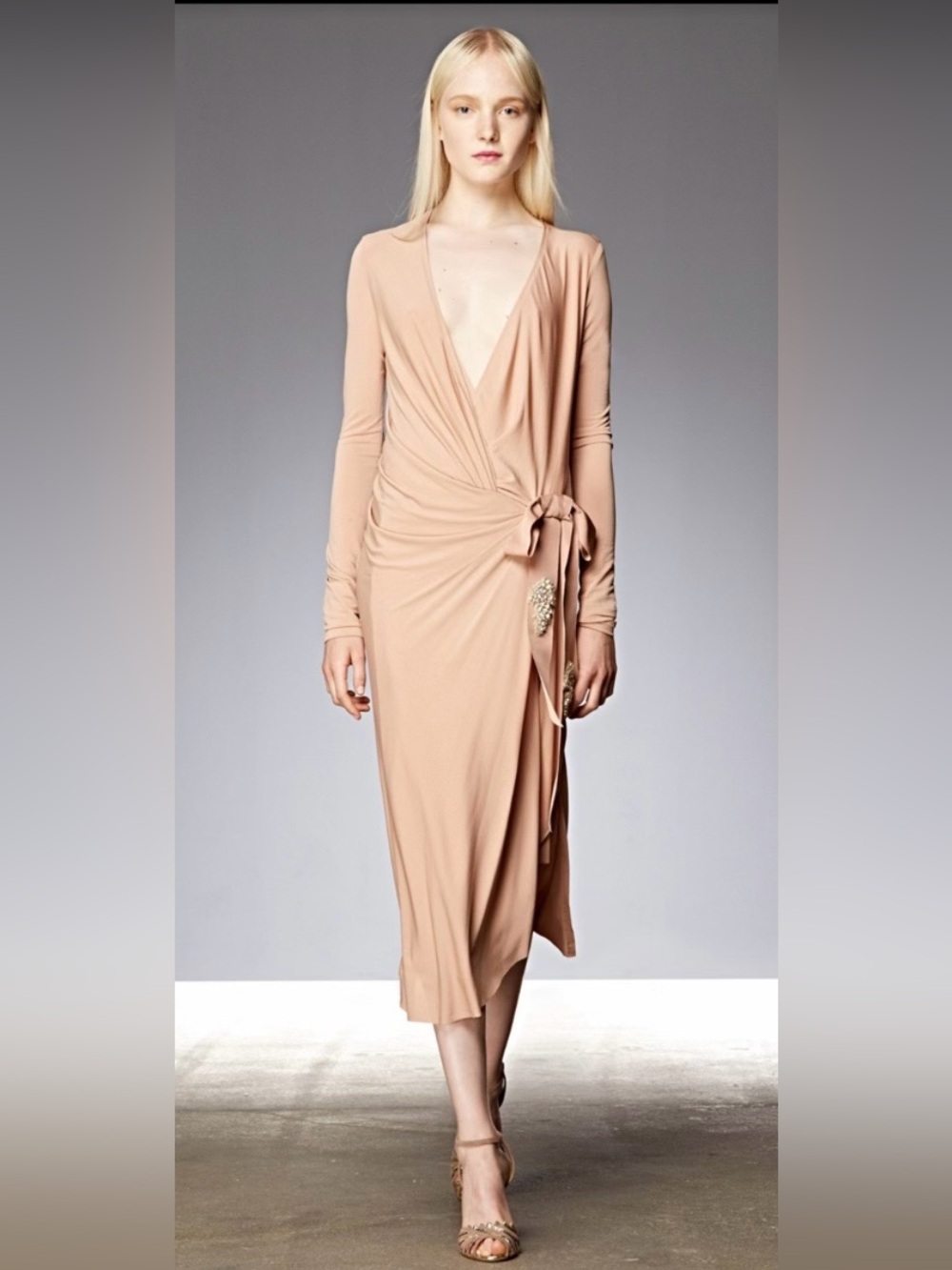 Donna Karan Nude Faux Wrap Midi Dress with Embellished Side Grosgrain Tie